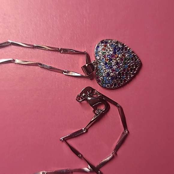 Silver Tone Heart Necklace with Colorful Crystal Heart, 17 Inch Chain - Picture 4 of 4